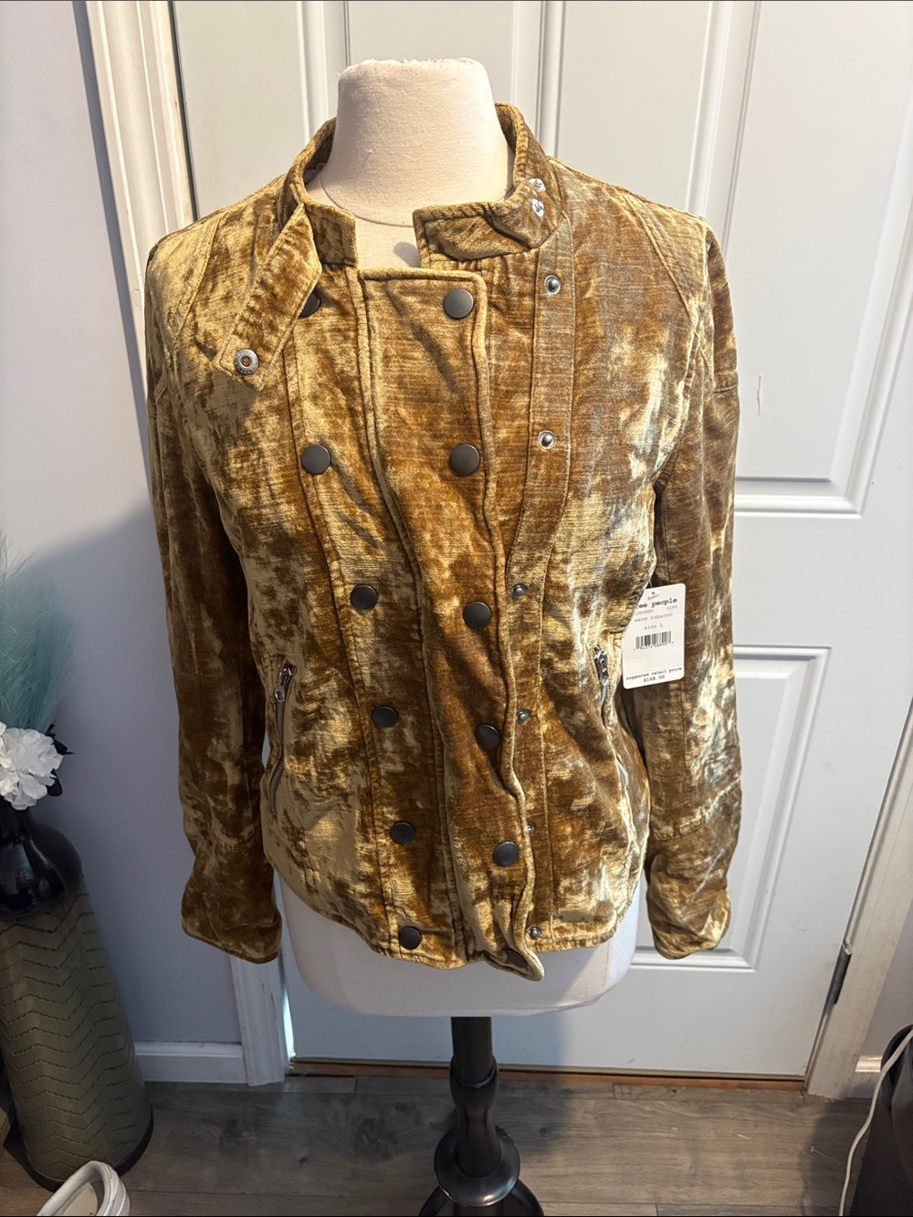 Free People Gold Velvet Double-Breasted Bomber Jacket